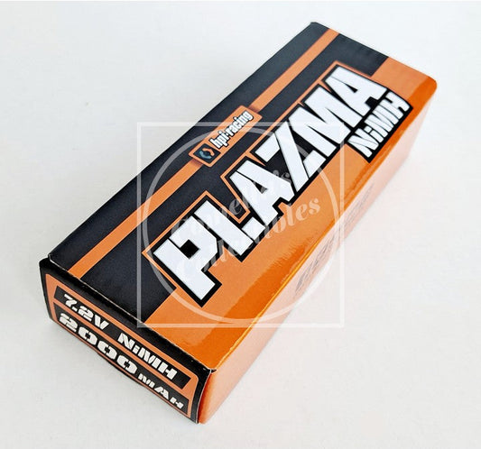 Plasma battery box with orange and black design on a white background