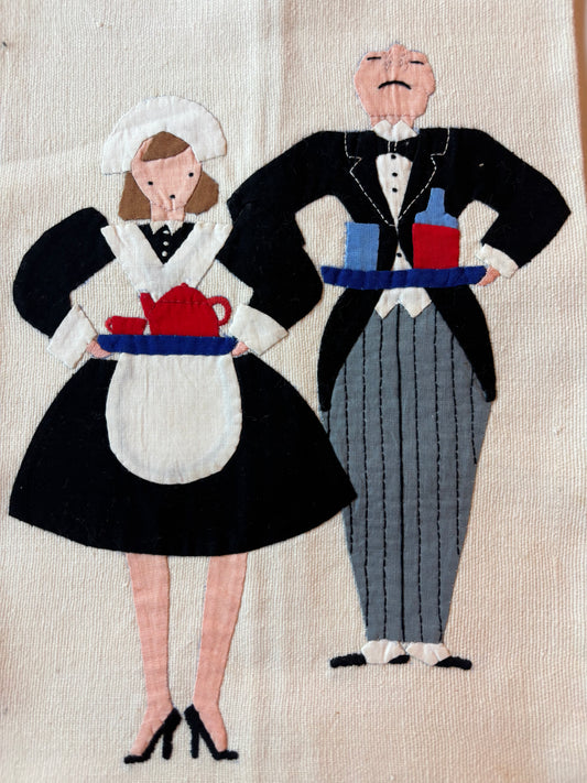 Vintage Linen Waitress and Waiter Stitched Hand Towel
