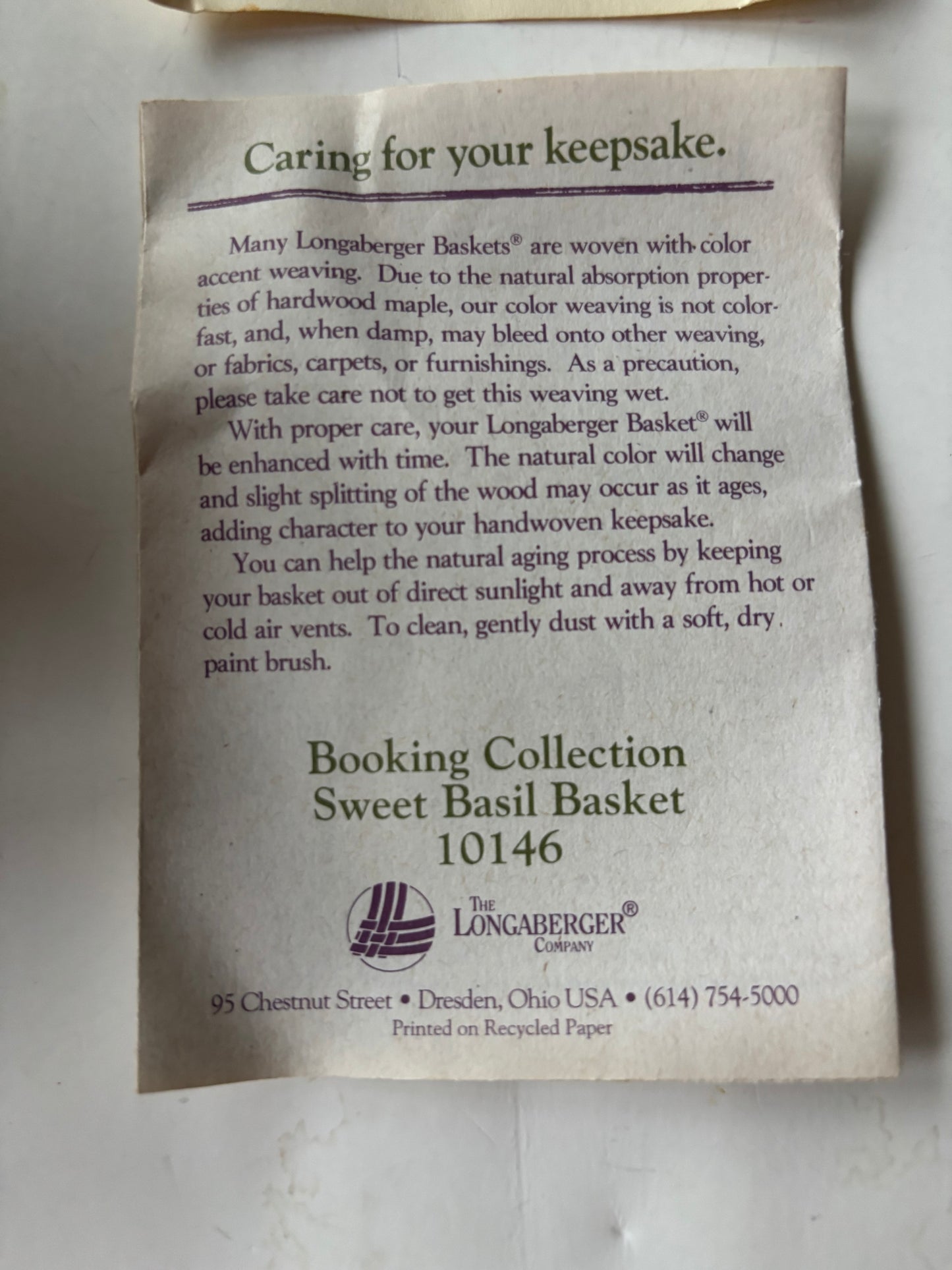 Longaberger Sweet Basil Booking Basket w/protector