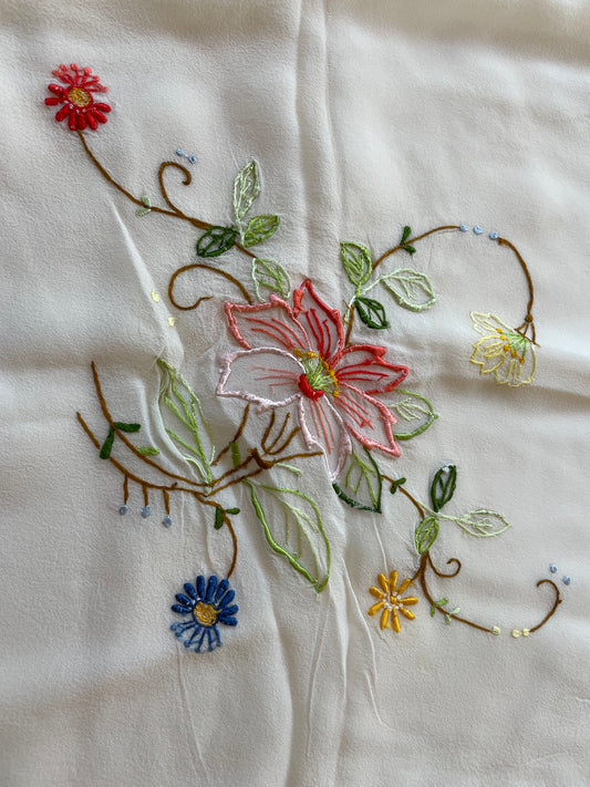 Vintage Happiness Ivory Hand Embroidered Silk Scarf