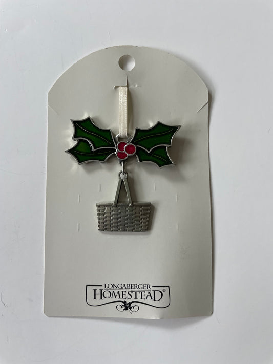 Longaberger Homestead Pewter Holly w/Market Basket Ornament/Tie On - NEW