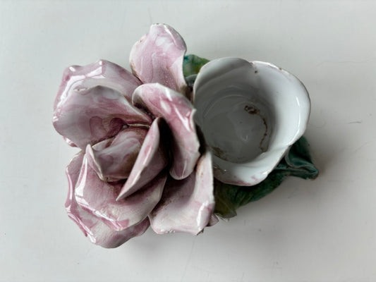 Beautiful Vintage Capodimonte Rose Porcelain Candle Holder Made in Italy - Numbered