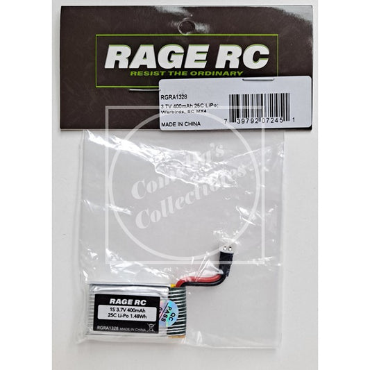 Rage RC 3.7V 400mAh 25C LiPo Battery; Super Cub MX, MX4, Warbirds RGRA1328