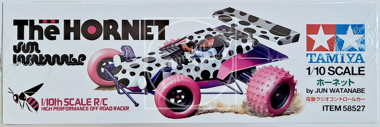 Model car kit packaging for 'The Hornet' by Tamiya on a white background