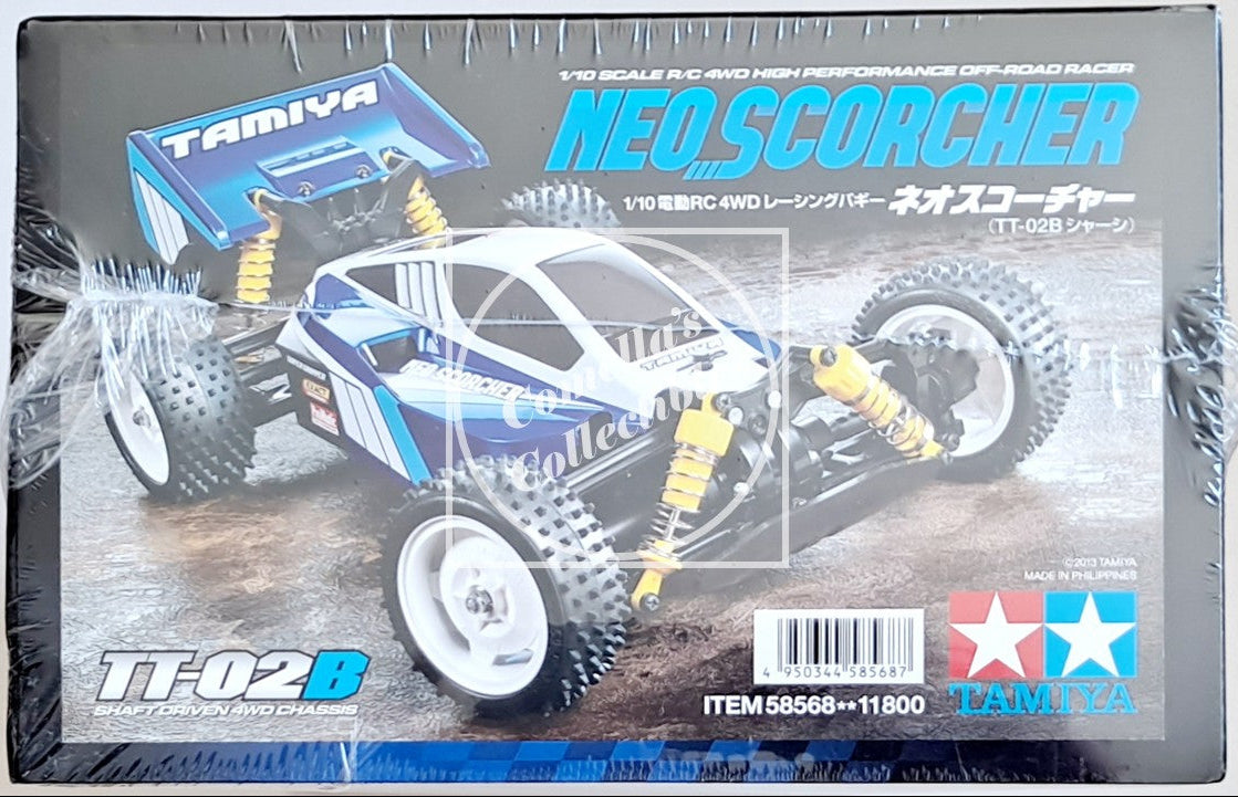 Tamiya Neo Scorcher RC car model kit packaging on a white background