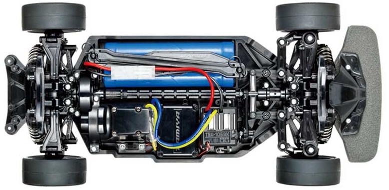 The shaft-driven 4WD TT-02 chassis employs a longitudinal layout with the battery on the left and the motor on the right, to give excellent stability.