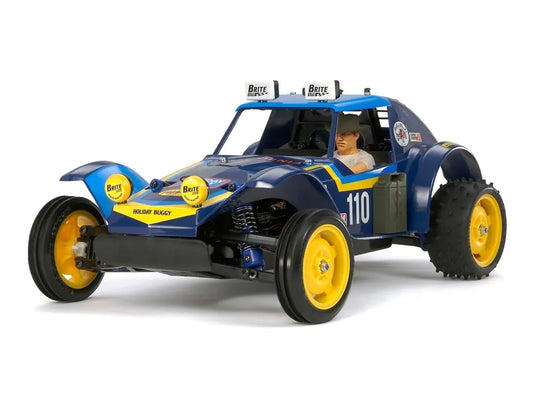 Tamiya 1/10 scale Holiday Buggy 2010 2WD off road car kit, assembled and painted, featuring a blue and yellow body with number '110' on the side.