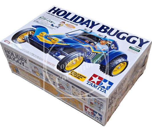 Model kit box for a 'Holiday Buggy' with Tamiya branding on a white background