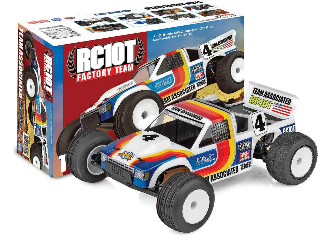 Model car and packaging with 'RC10T Factory Team' branding on a white background