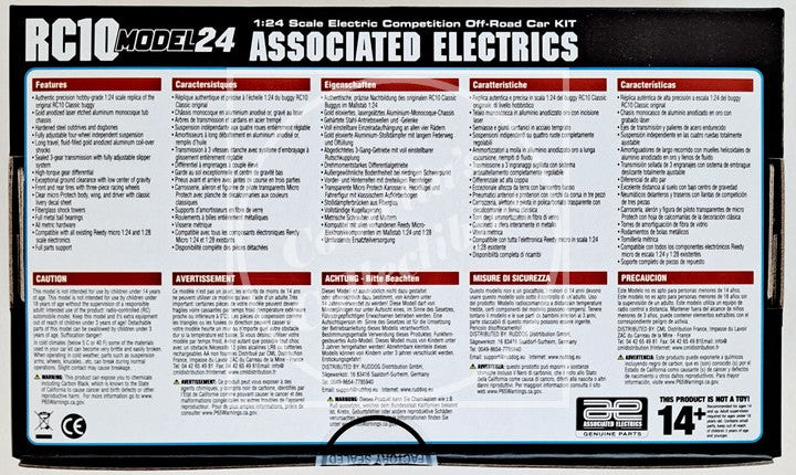 Box for Associated Electrics RC10 Model 24 scale electric off-road car kit with text and branding.