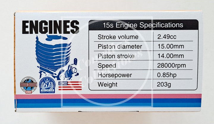 Box of engines with specifications on a white background