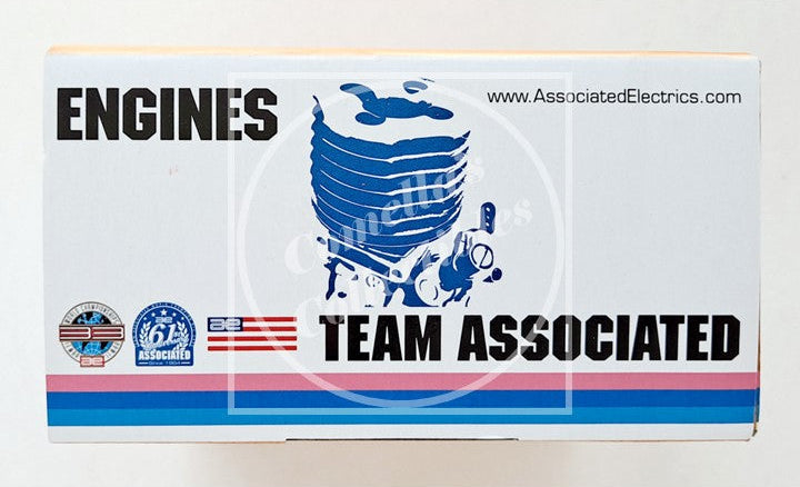 Team Associated engine packaging with branding and logo on a white background
