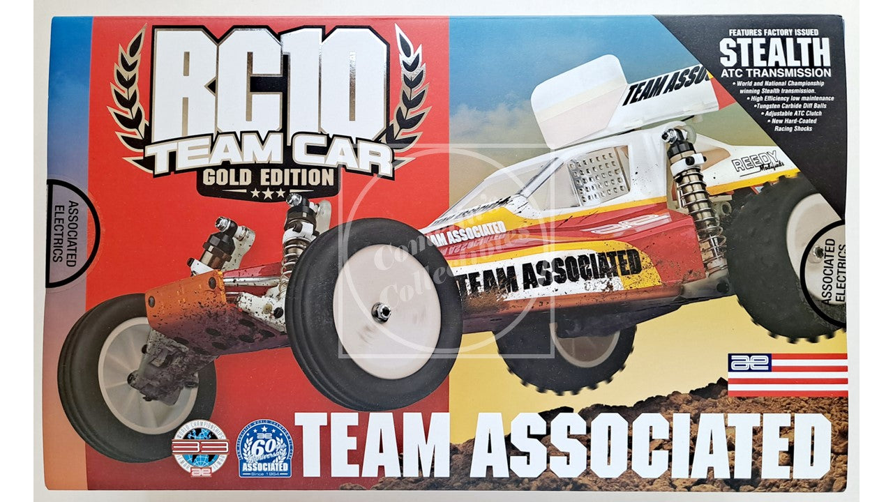Team Associated RC10 Team Car Gold Edition packaging with a red and blue background