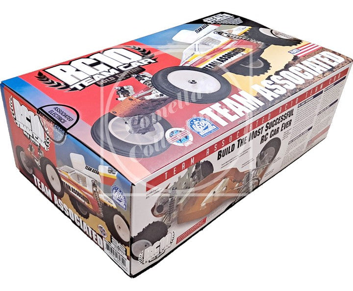 Model car kit packaging with 'Team Associated' branding on a white background