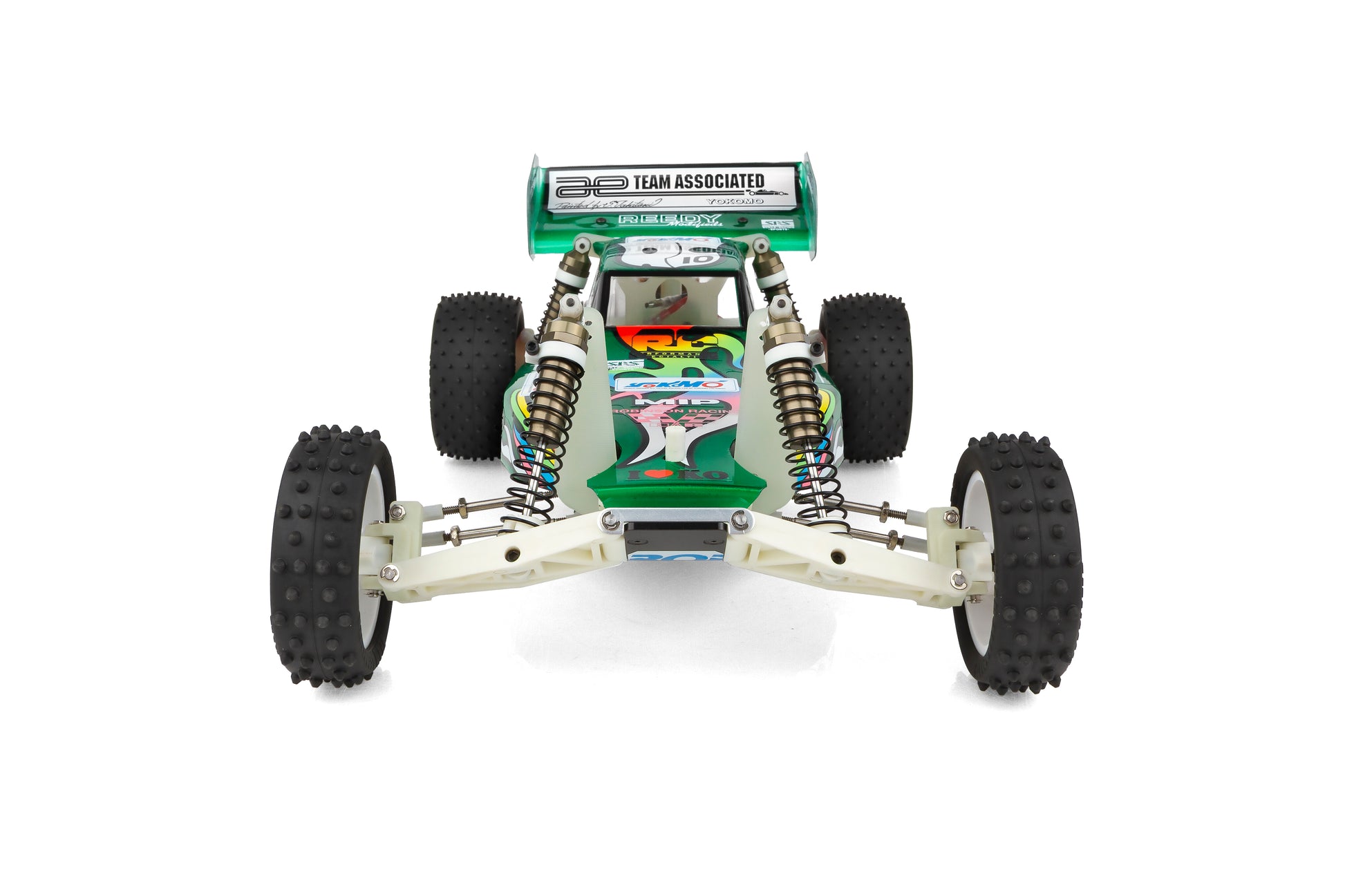 Model of a four-wheeled vehicle with suspension system on a white background