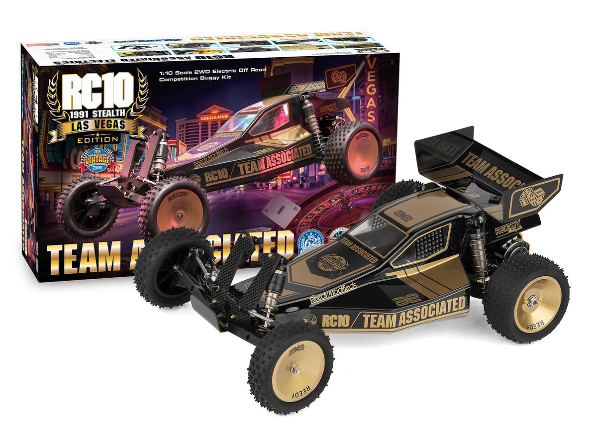RC10 1/10 scale electric DIY remote control car kit by Team Associated, shown with its retail packaging box and the assembled model car on a white background.