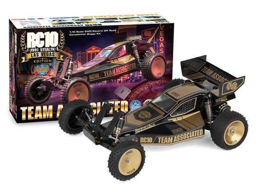 RC10 1/10 scale electric DIY remote control car kit by Team Associated, shown with its retail packaging box and the assembled model car on a white background.