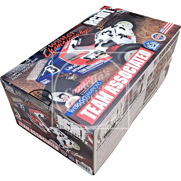 Box of Team Associated RC car parts with branding and graphics on a white background