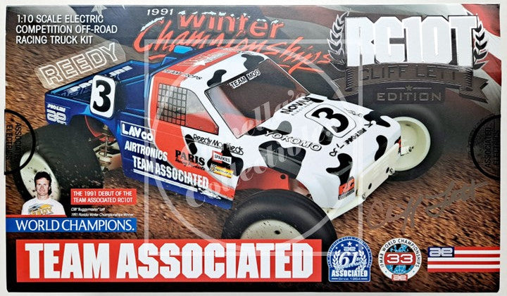Model racing truck kit packaging with Team Associated branding on a white background