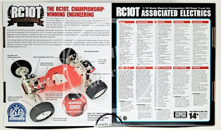 Brochure or flyer for RC10T Associated Electric model car with technical details and graphics.