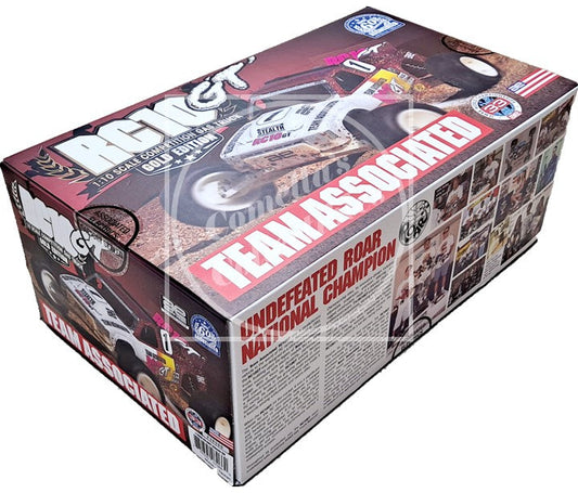 Boxed Team Associated RC car model with various graphics and text on a white background