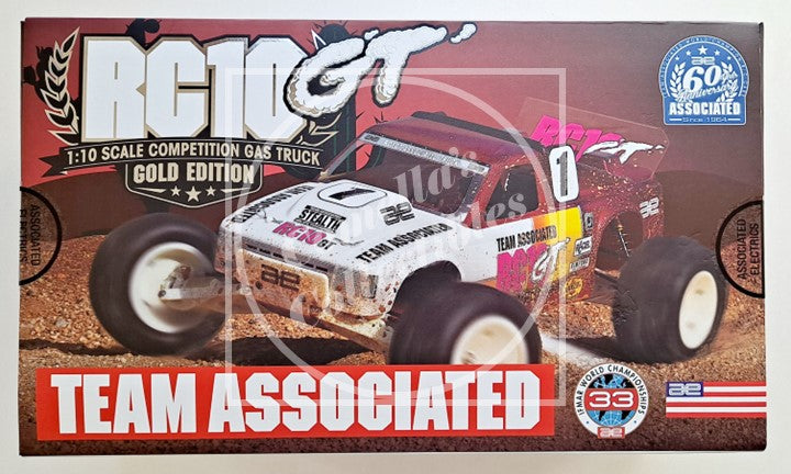 Boxed RC10GT model truck with Team Associated branding on a white background