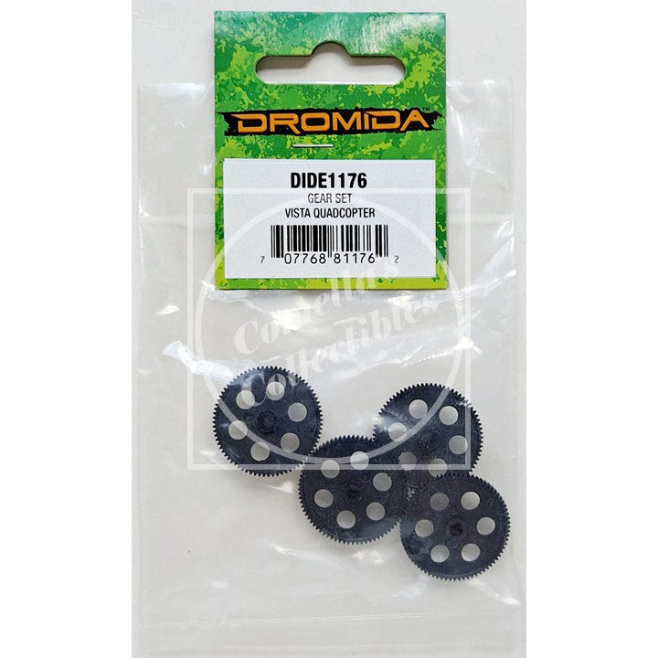 Dromida DIDE1176 Gear Set for Vista Quadcopter, containing four black metal gears with white splines, packaged in a clear plastic bag with a green and white cardboard header.