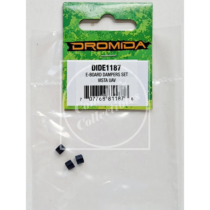 Dromida DIDE1187 E-Board Dampers Set in Vista UV, containing three small black cylindrical dampers inside a clear plastic bag with a green and white branded header card.