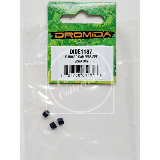 Dromida DIDE1187 E-Board Dampers Set in Vista UV, containing three small black cylindrical dampers inside a clear plastic bag with a green and white branded header card.