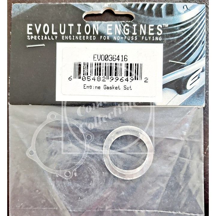 Packaged engine gasket set with 'Evolution Engines' branding on a clear background