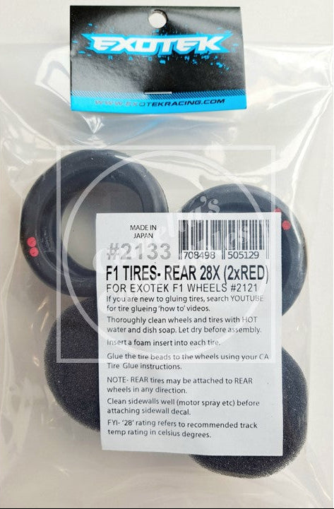 Exotek 1/10 F1 Rubber Rear Tires & Foam Inserts 28X Dbl-Red-Super-Soft (1 Pr) #2133