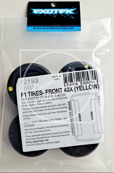 Exotek 1/10 F1 Rubber Front Tires and Foam Inserts 40X Yellow-Firm (1 Pr) #2193
