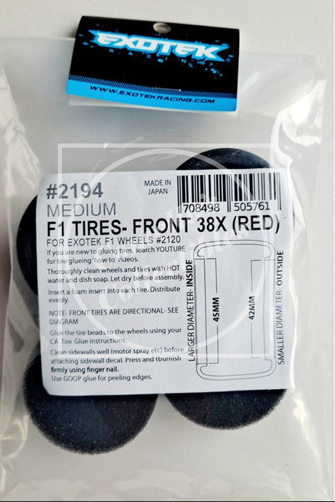 Exotek 1/10 F1 Rubber Front Tires and Foam Inserts 38X Red-Medium (1 Pr) #2194