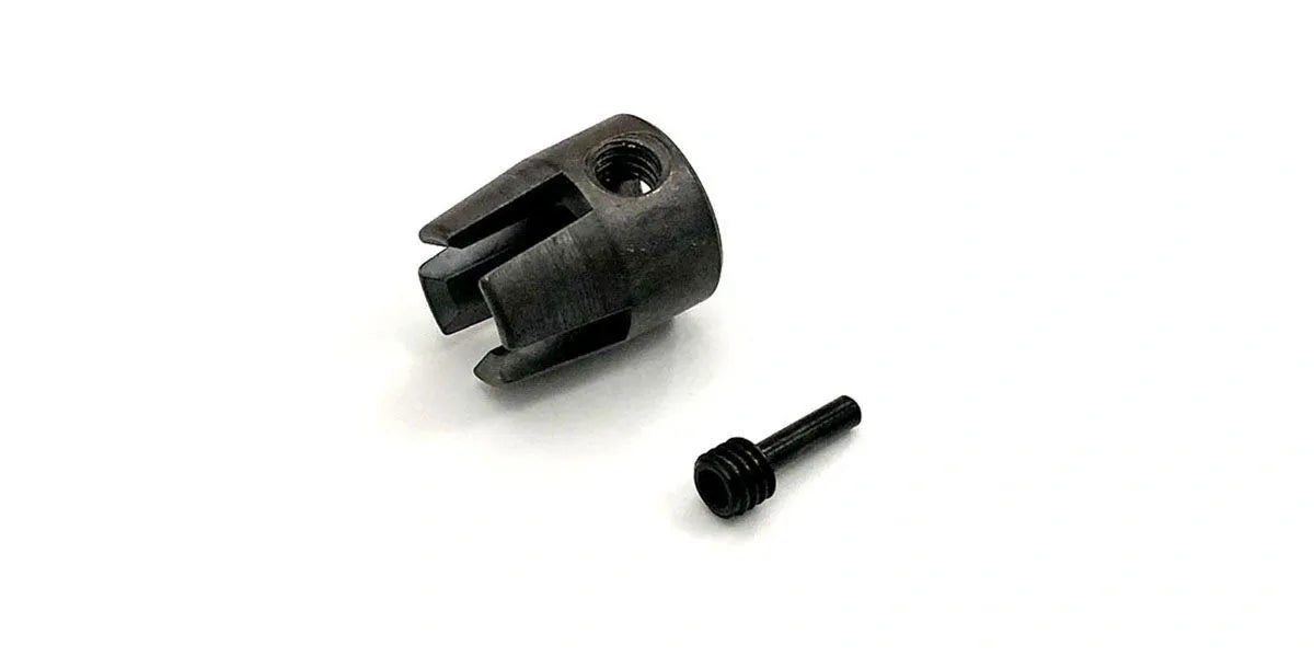 A black metal Kyosho center shaft cup and a screw for remote control vehicle maintenance.