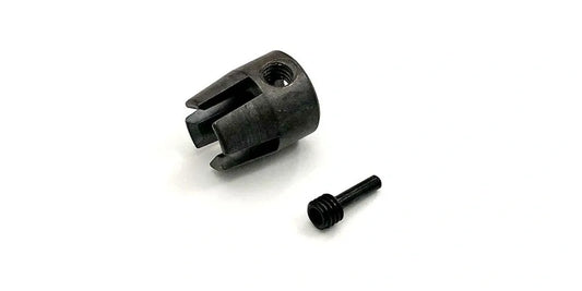 A black metal Kyosho center shaft cup and a screw for remote control vehicle maintenance.