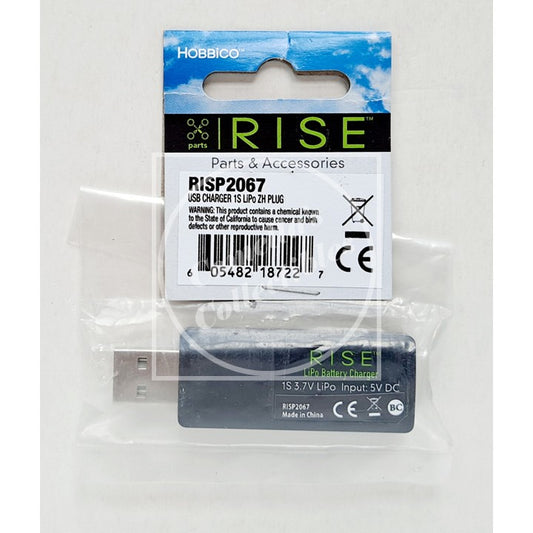 Hobbico RISE Rise Parts & Accessories USB charger RISP2067 in its original retail packaging, showing the black USB plug adapter inside a clear plastic bag with a branded cardboard header card.