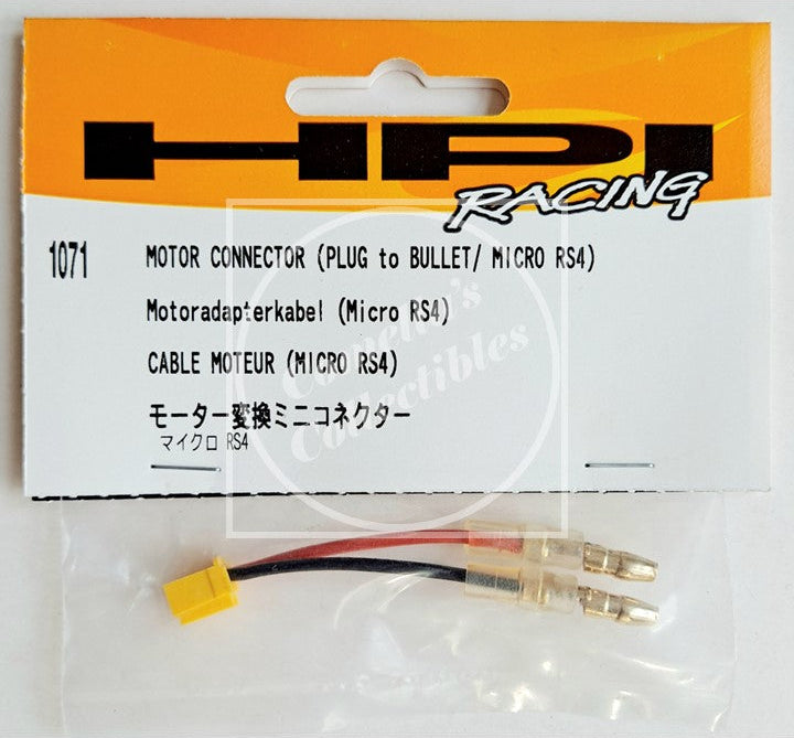 Motor connector packaging with 'HPI Racing' branding on a white background