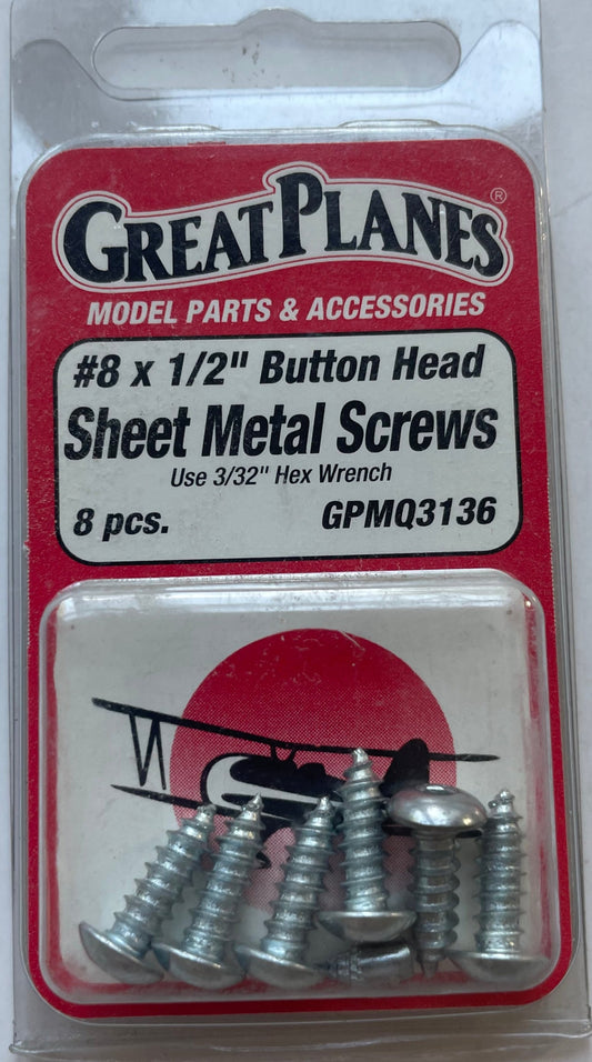 Great Planes #8 x 1/2" Button Head Sheet Metal Screws (8 pc) GPMQ3136