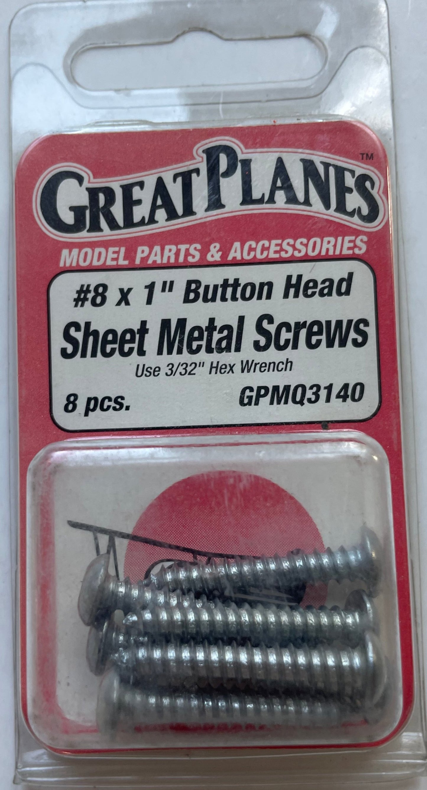 Great Planes #8 x 1" Button Head Sheet Metal Screws (8 pc) GPMQ3140