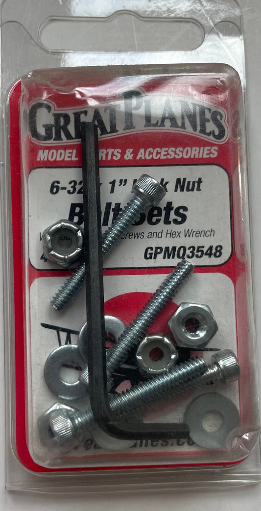 Great Planes 6-32 x 1" Lock Nut Bolt Sets (4 sets) GPMQ3548