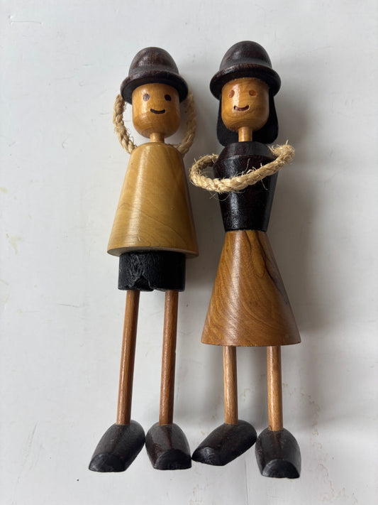 Vintage MCM Wood Rope Dolls (Boy and Girl)