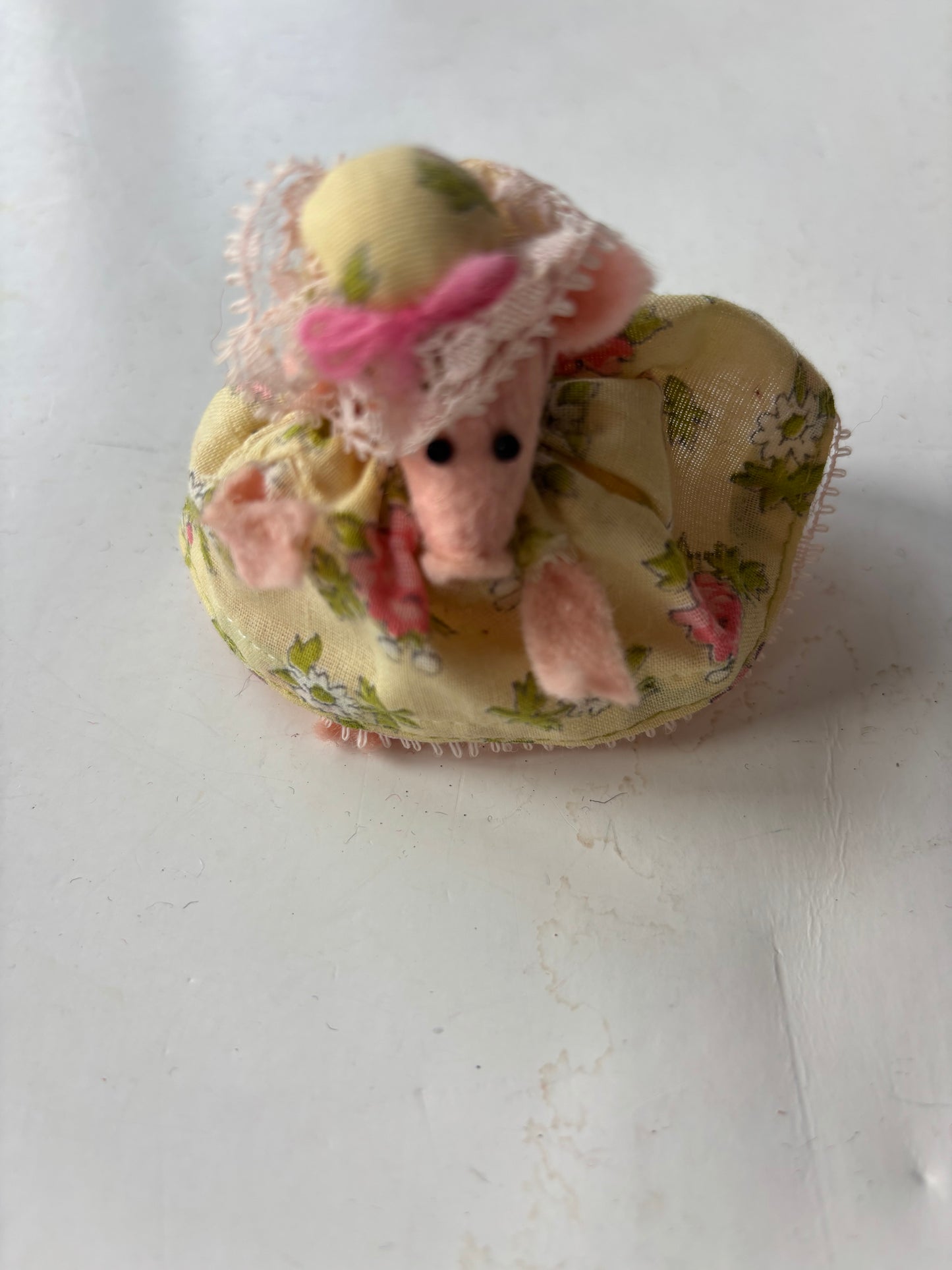 Vintage Miniature 3" Pig Doll in Fancy Dress and Hat