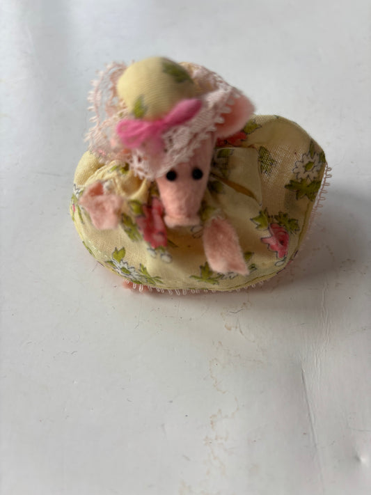Vintage Miniature 3" Pig Doll in Fancy Dress and Hat