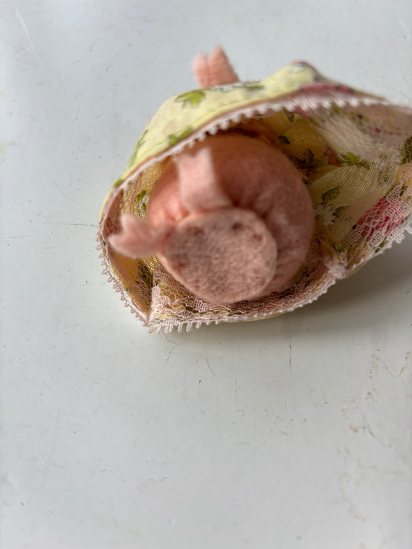 Vintage Miniature 3" Pig Doll in Fancy Dress and Hat