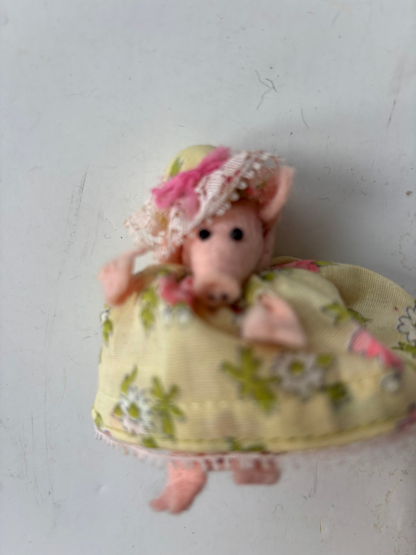 Vintage Miniature 3" Pig Doll in Fancy Dress and Hat