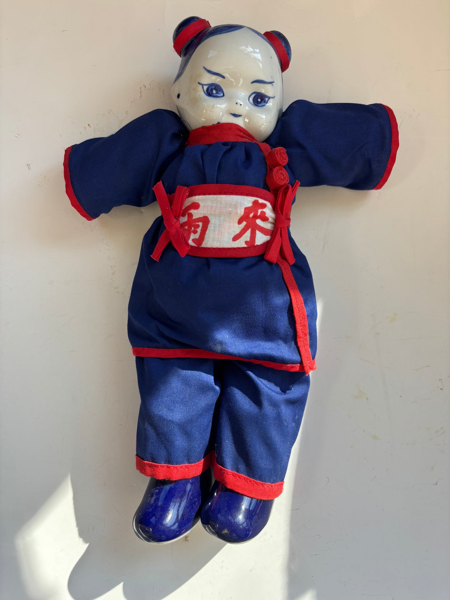 Vintage Asian Porcelain Delft Blue Doll