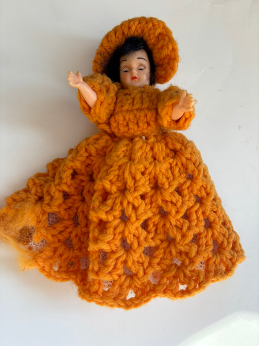 Vintage Doll in Orange Crocheted Dress