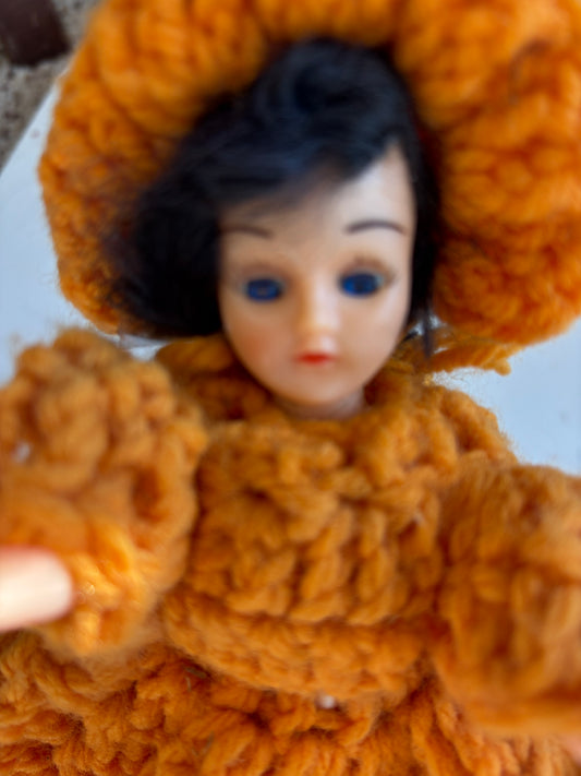 Vintage Doll in Orange Crocheted Dress