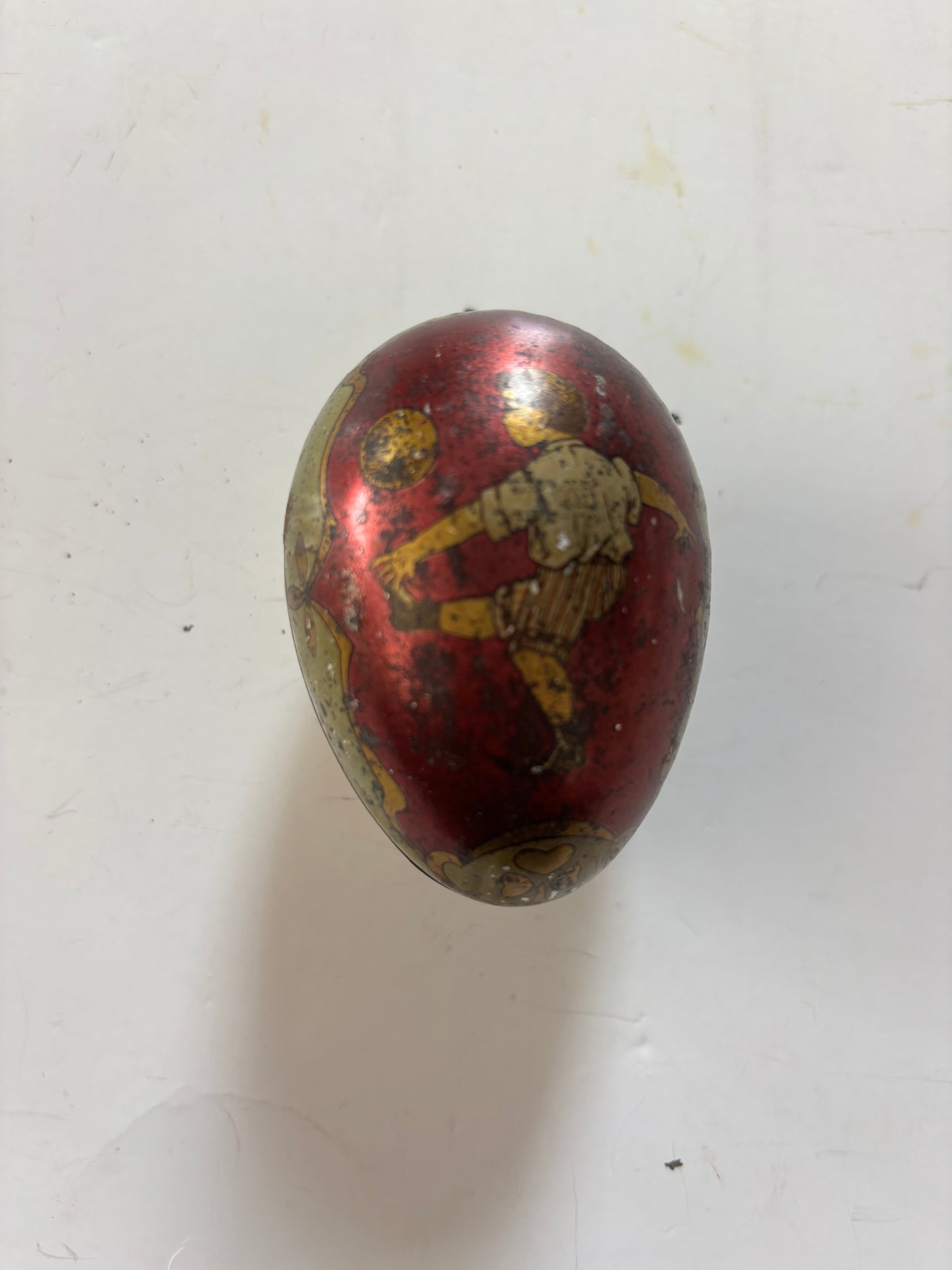 Antique Victorian Easter Tin Egg Lithograph - Boy w/Ball