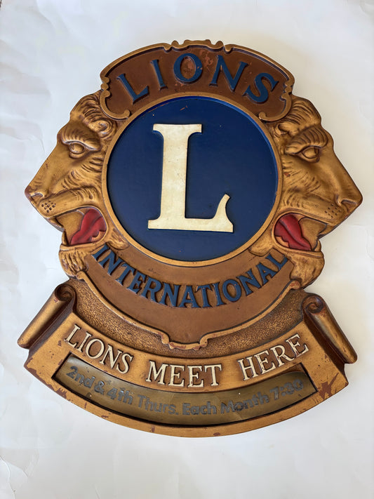Vintage 1960's Lion's Club International "Lions Meet Here" Sign - 20 3/4" x 18"